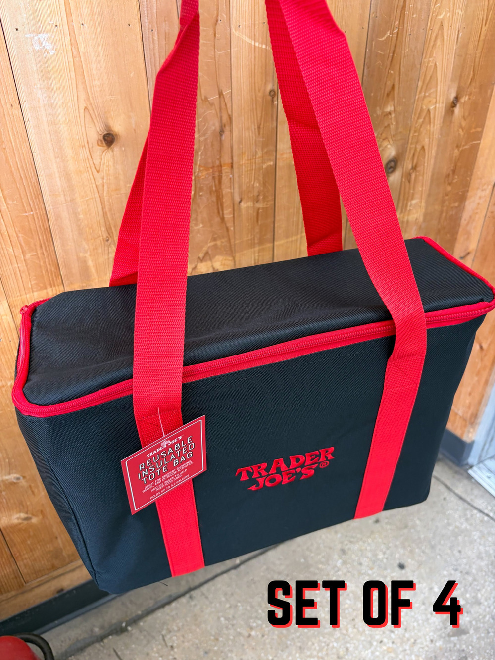 Set of 4 — Trader Joe’s Large Reusable Insulated Cooler Tote Bags — Black + Red!